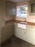 Handpainted Sage Green Kitchen - with Solid Oak Worktop designed and fitted by Barrett Kitchens, Letterkenny, County Donegal, Ireland