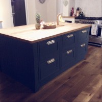 Solid painted island dark blue with solid oak worktop